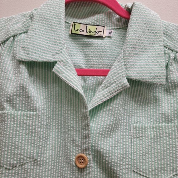 1940s Style Loco Lindo Green Strip Seer Sucker Romper  jumpsuit XL - Picture 6 of 6